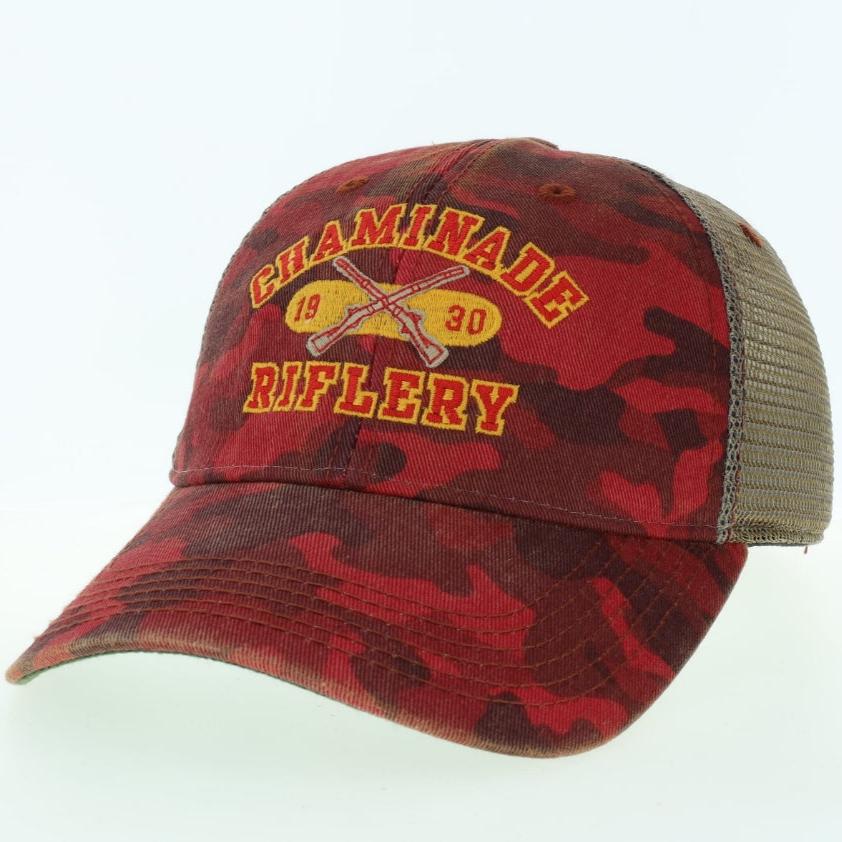 New - Riflery Dark Red Camo Trucker Hat with Chaminade