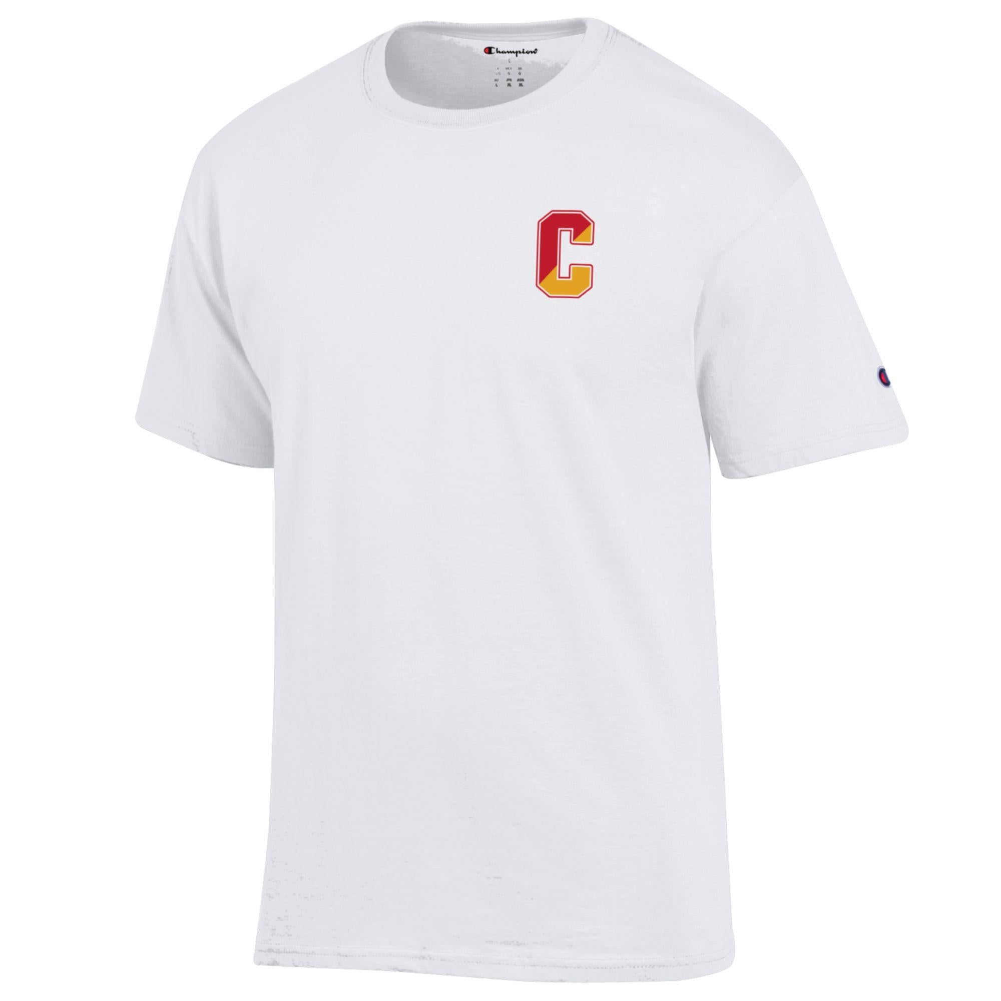 New - Champion White Short Sleeve Cotton Blend Split C Flyer Forever- Flag Tee